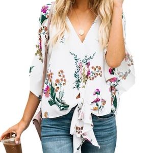 Kimono Sleeve Blouse w/ Tie Front